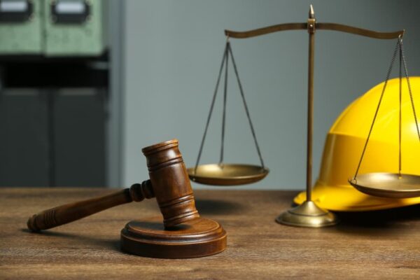 Gavel, scales of justice and hard hat on wooden table